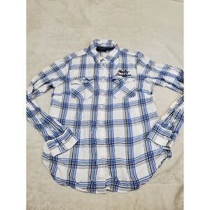 Harley Davidson White Blue Plaid Casual Floral Logo Button Shirt Women Medium